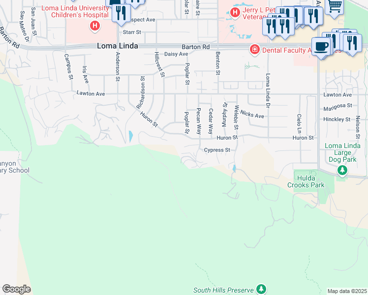 map of restaurants, bars, coffee shops, grocery stores, and more near 11710 Pecan Way in Loma Linda