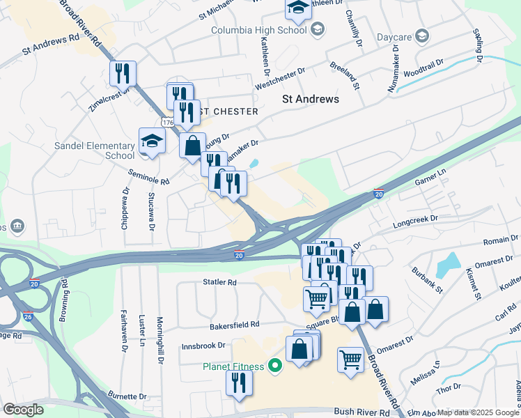 map of restaurants, bars, coffee shops, grocery stores, and more near 2224 Broad River Road in Columbia