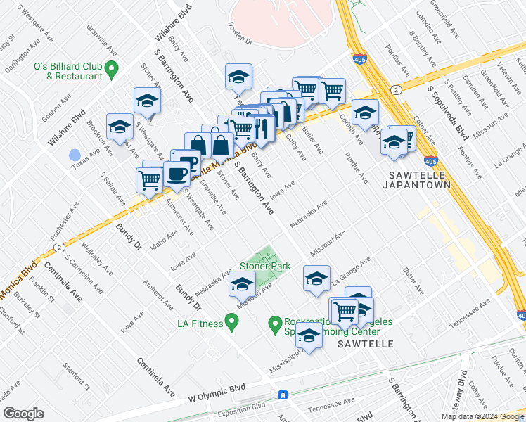 map of restaurants, bars, coffee shops, grocery stores, and more near 11700 Iowa Avenue in Los Angeles
