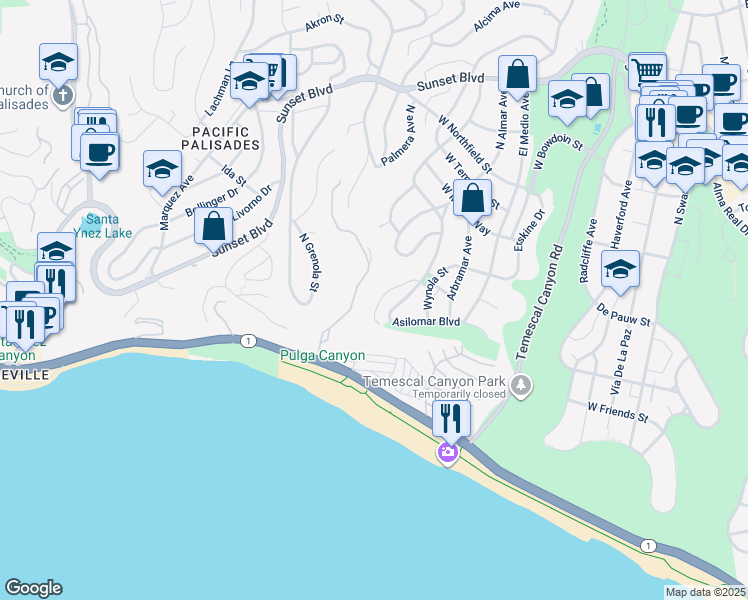 map of restaurants, bars, coffee shops, grocery stores, and more near 425 North Puerto Del Mar in Los Angeles