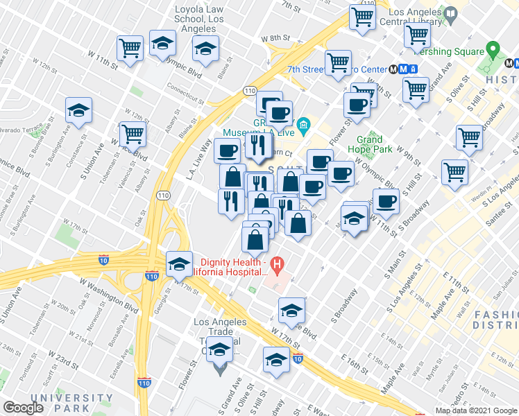 map of restaurants, bars, coffee shops, grocery stores, and more near 1248 South Figueroa Street in Los Angeles