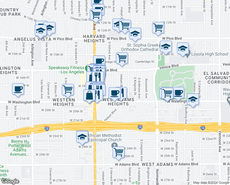 map of restaurants, bars, coffee shops, grocery stores, and more near 1810 Westmoreland Boulevard in Los Angeles