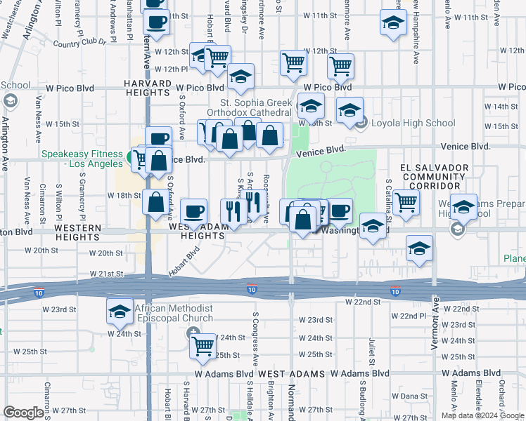 map of restaurants, bars, coffee shops, grocery stores, and more near 1809 Roosevelt Avenue in Los Angeles