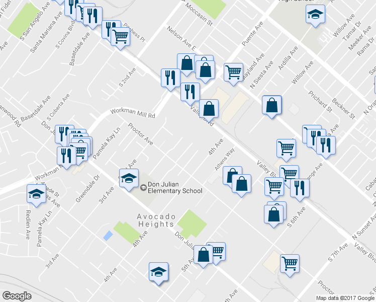 map of restaurants, bars, coffee shops, grocery stores, and more near 224 South Siesta Avenue in Avocado Heights