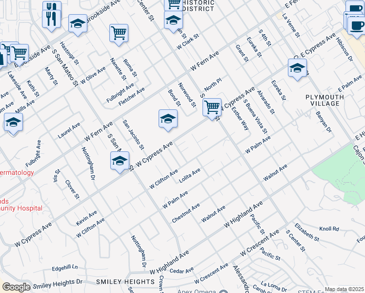 map of restaurants, bars, coffee shops, grocery stores, and more near 978 Kevin Avenue in Redlands