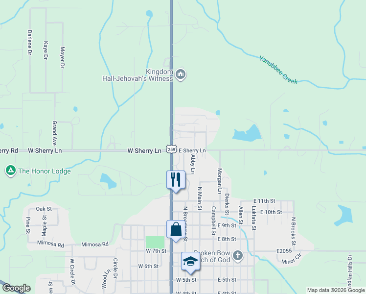map of restaurants, bars, coffee shops, grocery stores, and more near 103 East Sherry Lane in Broken Bow