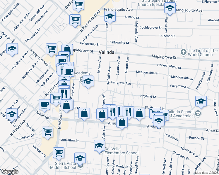 map of restaurants, bars, coffee shops, grocery stores, and more near 1164 Del Valle Avenue in La Puente