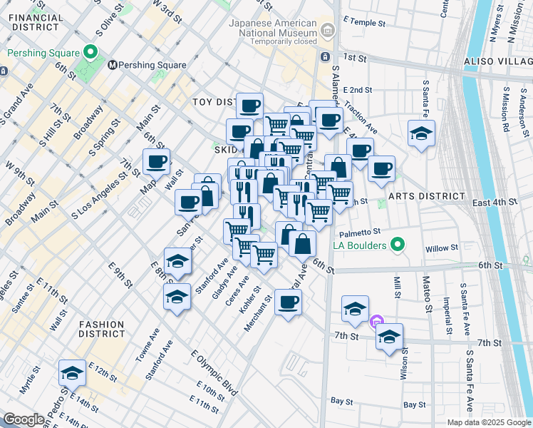 map of restaurants, bars, coffee shops, grocery stores, and more near 555 Gladys Avenue in Los Angeles