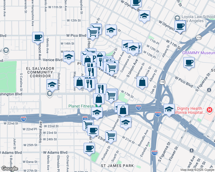 map of restaurants, bars, coffee shops, grocery stores, and more near 1134 West 17th Street in Los Angeles