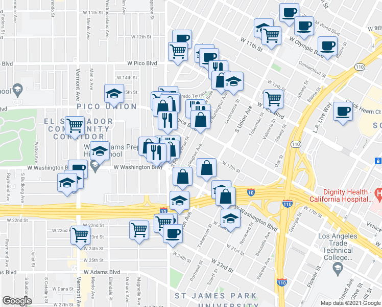 map of restaurants, bars, coffee shops, grocery stores, and more near 1800 South Bonnie Brae Street in Los Angeles