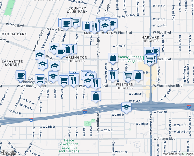 map of restaurants, bars, coffee shops, grocery stores, and more near 2521 West 18th Street in Los Angeles