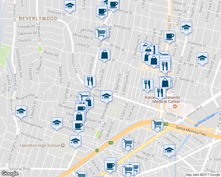 map of restaurants, bars, coffee shops, grocery stores, and more near 2021 South Bedford Street in Los Angeles