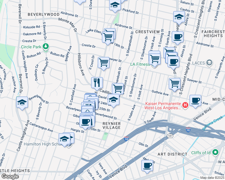 map of restaurants, bars, coffee shops, grocery stores, and more near 8939 Cadillac Avenue in Los Angeles