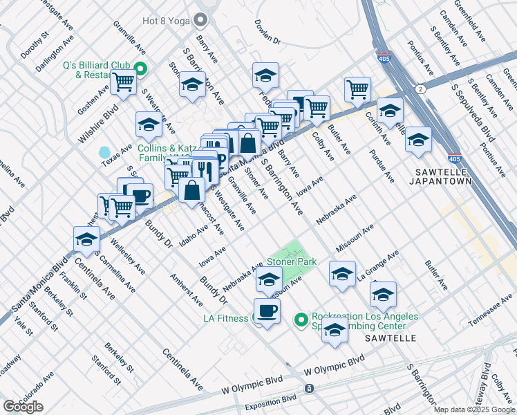 map of restaurants, bars, coffee shops, grocery stores, and more near 1623 Granville Avenue in Los Angeles