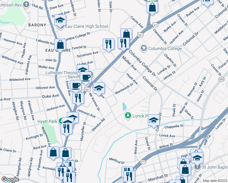 map of restaurants, bars, coffee shops, grocery stores, and more near 4311 Wentworth Drive in Columbia