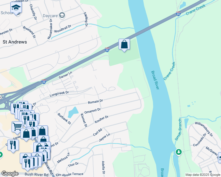 map of restaurants, bars, coffee shops, grocery stores, and more near 1800 Longcreek Drive in Columbia