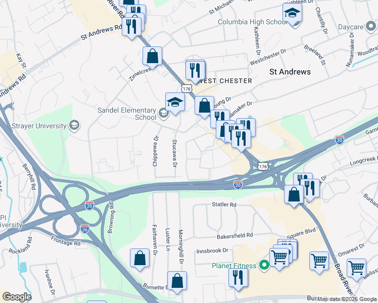 map of restaurants, bars, coffee shops, grocery stores, and more near 923 Old Manor Road in Columbia