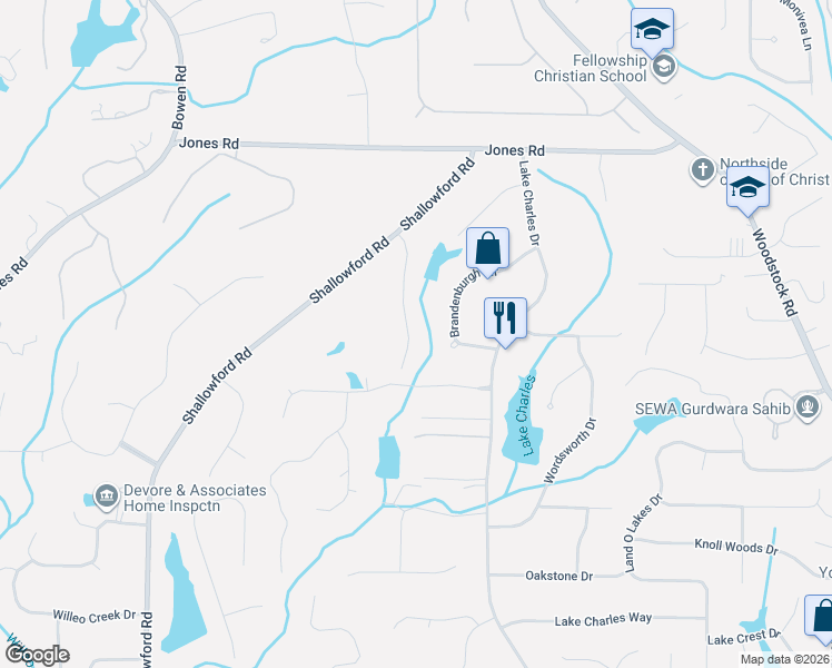 map of restaurants, bars, coffee shops, grocery stores, and more near 10785 Shagbark Trail in Roswell