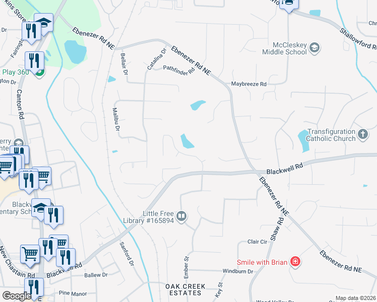 map of restaurants, bars, coffee shops, grocery stores, and more near 3628 Autumn Ridge Parkway in Marietta