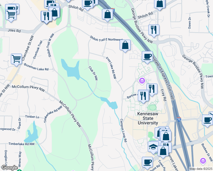 map of restaurants, bars, coffee shops, grocery stores, and more near 1323 Frey Lake Court in Kennesaw
