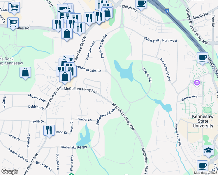 map of restaurants, bars, coffee shops, grocery stores, and more near 2170 Fairways Court in Kennesaw