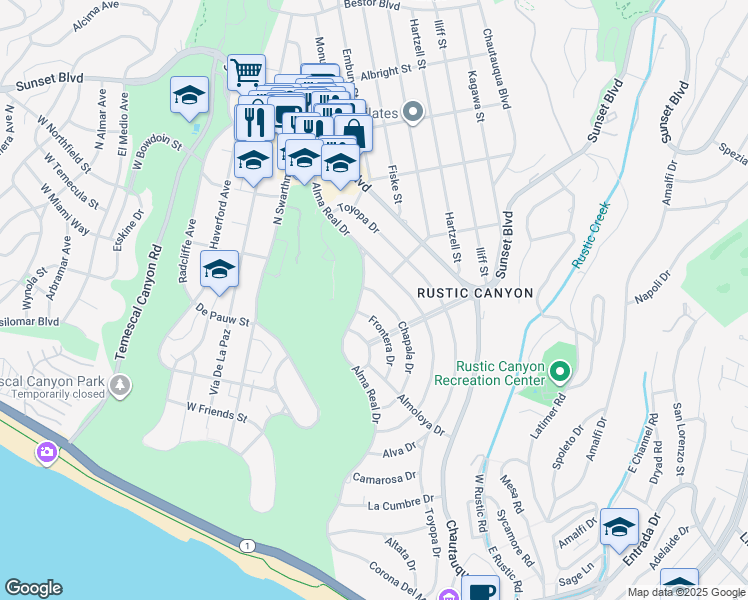 map of restaurants, bars, coffee shops, grocery stores, and more near 741 Chapala Drive in Los Angeles