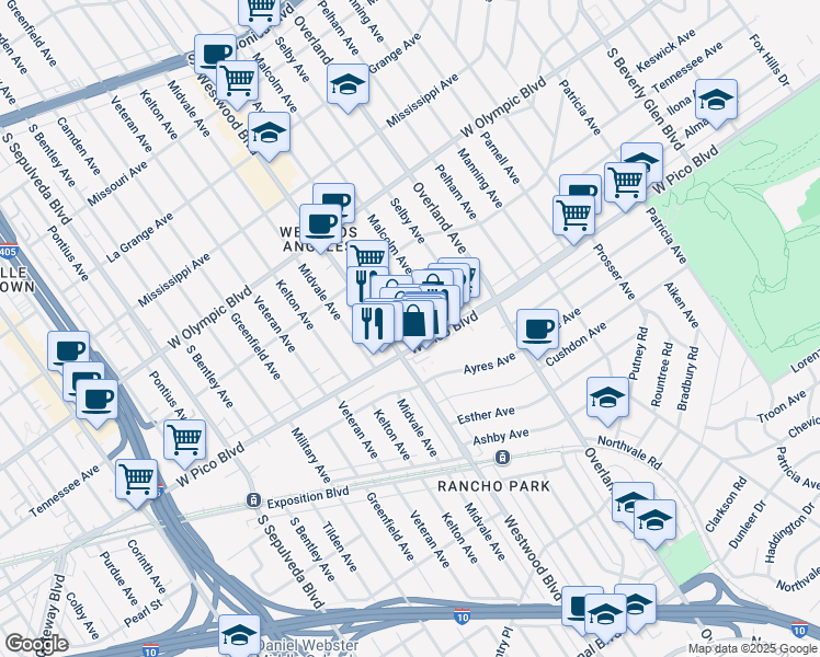 map of restaurants, bars, coffee shops, grocery stores, and more near 2381 Glendon Avenue in Los Angeles