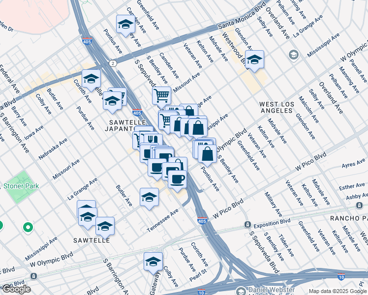 map of restaurants, bars, coffee shops, grocery stores, and more near 2101 Pontius Avenue in Los Angeles