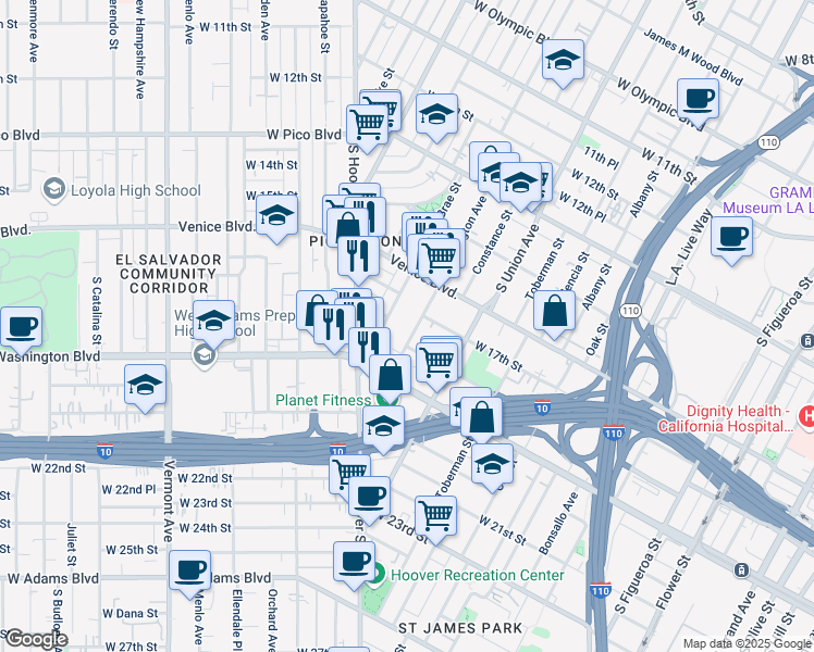 map of restaurants, bars, coffee shops, grocery stores, and more near 1717 South Burlington Avenue in Los Angeles