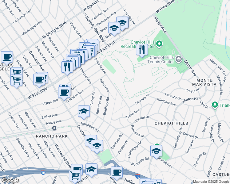map of restaurants, bars, coffee shops, grocery stores, and more near 10501 Butterfield Road in Los Angeles