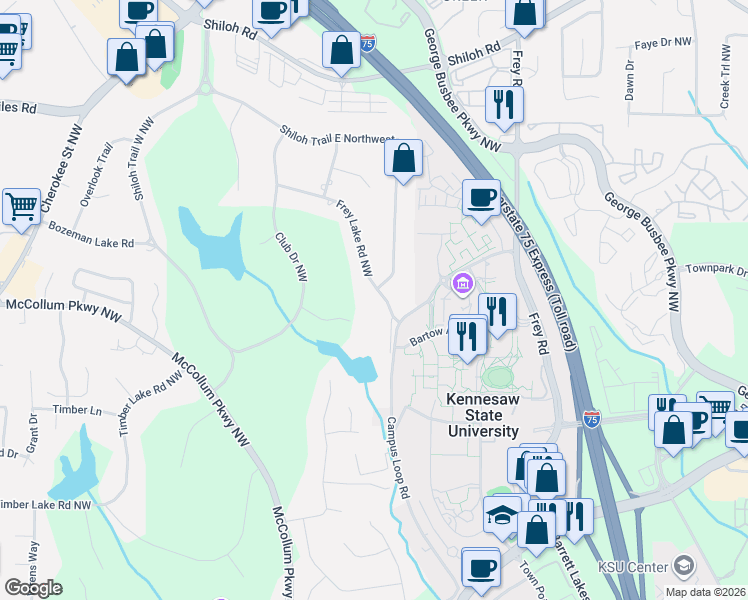 map of restaurants, bars, coffee shops, grocery stores, and more near 3600 Frey Lake Road Northwest in Kennesaw
