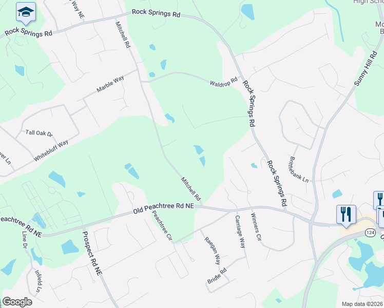 map of restaurants, bars, coffee shops, grocery stores, and more near 2235 Mitchell Road in Lawrenceville
