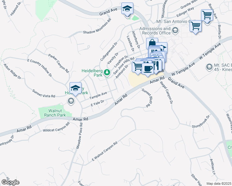 map of restaurants, bars, coffee shops, grocery stores, and more near 1309 Cascade Avenue in Walnut