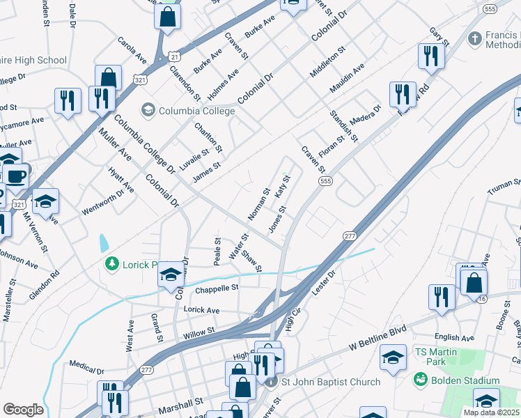 map of restaurants, bars, coffee shops, grocery stores, and more near 1800 Isabel Street in Columbia