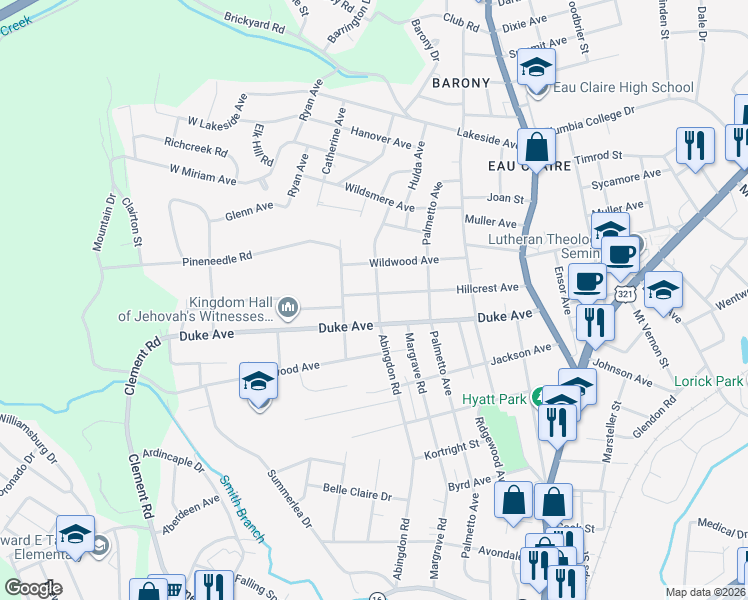 map of restaurants, bars, coffee shops, grocery stores, and more near 414 Hillcrest Avenue in Columbia