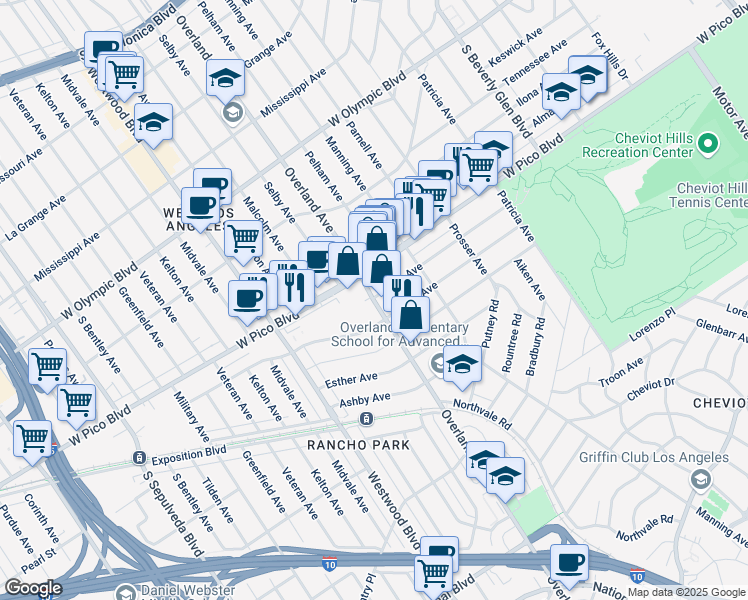 map of restaurants, bars, coffee shops, grocery stores, and more near 2455 Overland Avenue in Los Angeles