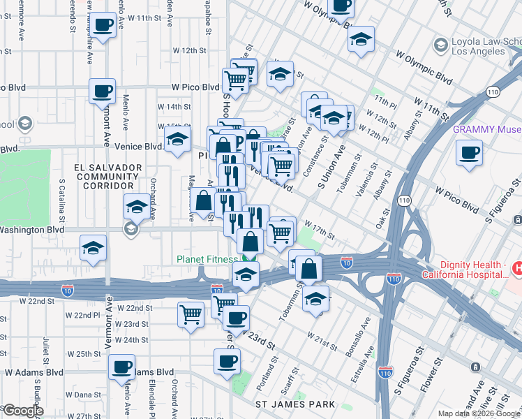 map of restaurants, bars, coffee shops, grocery stores, and more near 1717 South Burlington Avenue in Los Angeles