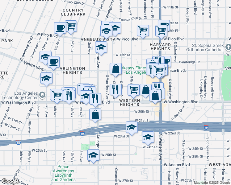 map of restaurants, bars, coffee shops, grocery stores, and more near 1822 1/2 Cimarron Street in Los Angeles