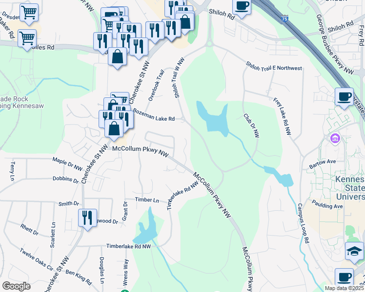 map of restaurants, bars, coffee shops, grocery stores, and more near 2170 Fairways Court in Kennesaw