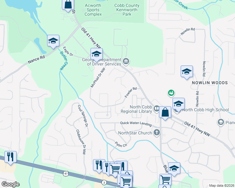 map of restaurants, bars, coffee shops, grocery stores, and more near 3627 Clubside Walk in Kennesaw