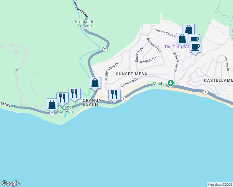 map of restaurants, bars, coffee shops, grocery stores, and more near 18428 Coastline Drive in Malibu