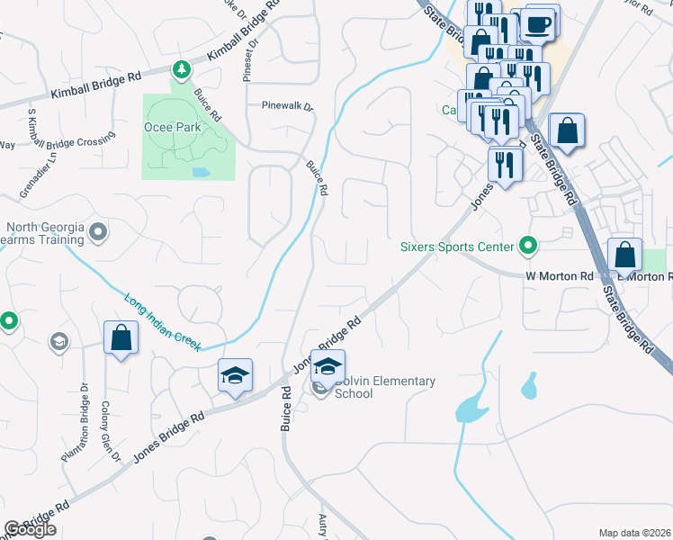 map of restaurants, bars, coffee shops, grocery stores, and more near 4375 Pinehollow Court in Alpharetta