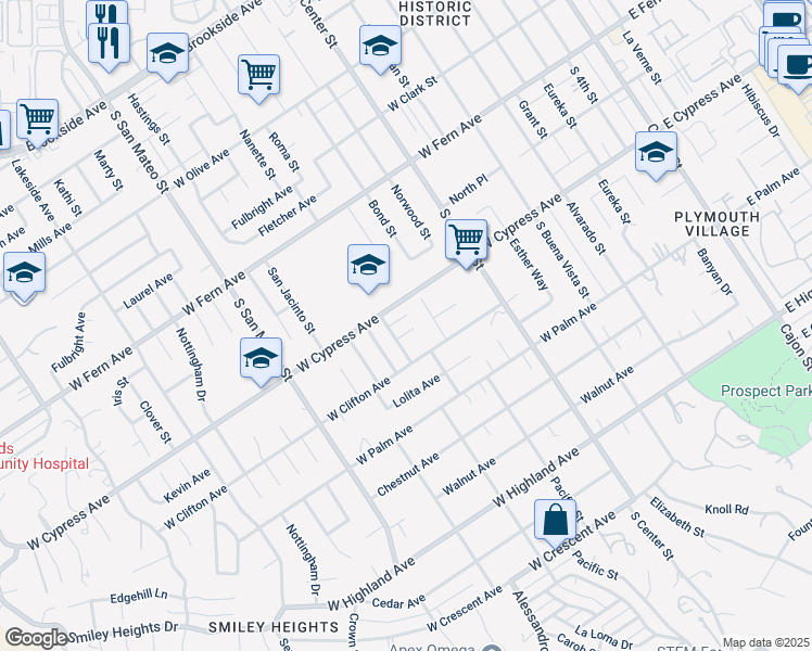 map of restaurants, bars, coffee shops, grocery stores, and more near 968 Kevin Avenue in Redlands