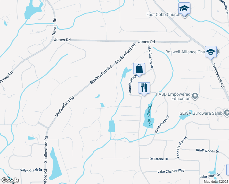 map of restaurants, bars, coffee shops, grocery stores, and more near 10780 Shagbark Trail in Roswell