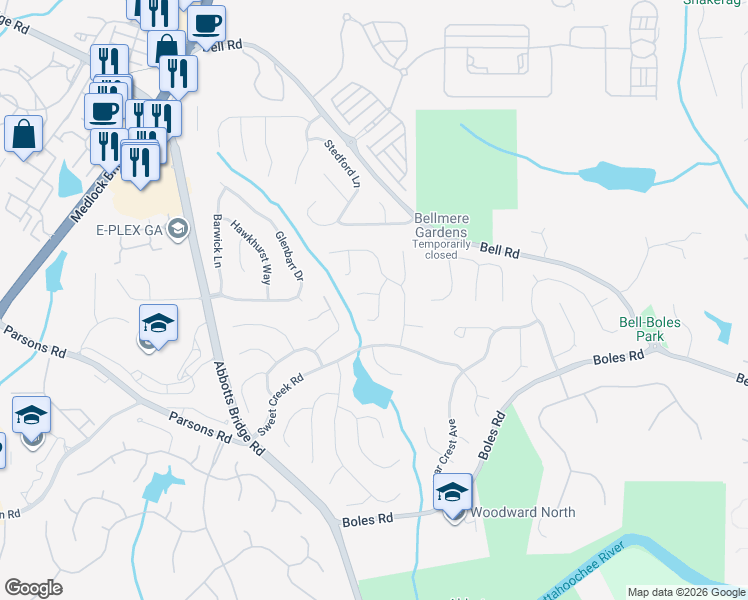 map of restaurants, bars, coffee shops, grocery stores, and more near 200 York Town Circle in Duluth