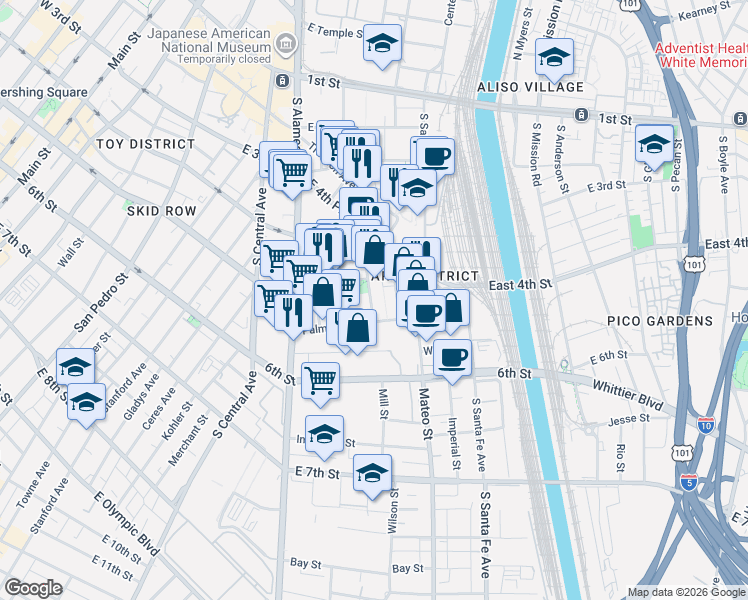 map of restaurants, bars, coffee shops, grocery stores, and more near 530 South Hewitt Street in Los Angeles