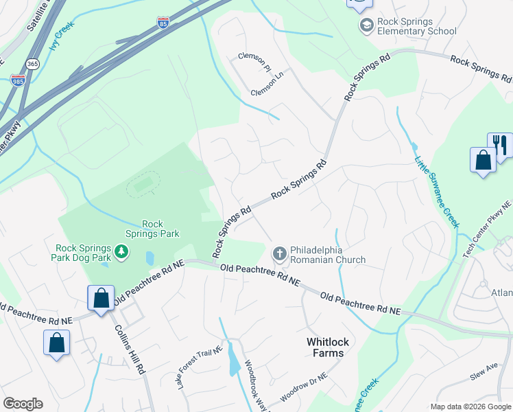 map of restaurants, bars, coffee shops, grocery stores, and more near 627 Rock Springs Road in Lawrenceville