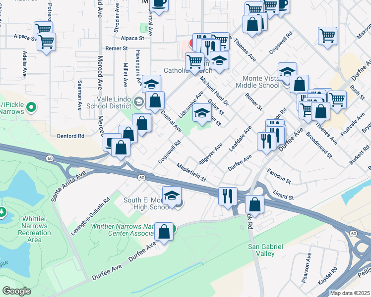 map of restaurants, bars, coffee shops, grocery stores, and more near 11019 Byways Street in El Monte