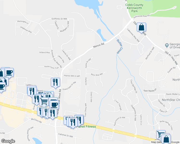 map of restaurants, bars, coffee shops, grocery stores, and more near 372 Bass Way Northwest in Kennesaw