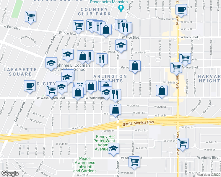 map of restaurants, bars, coffee shops, grocery stores, and more near 2521 West 18th Street in Los Angeles